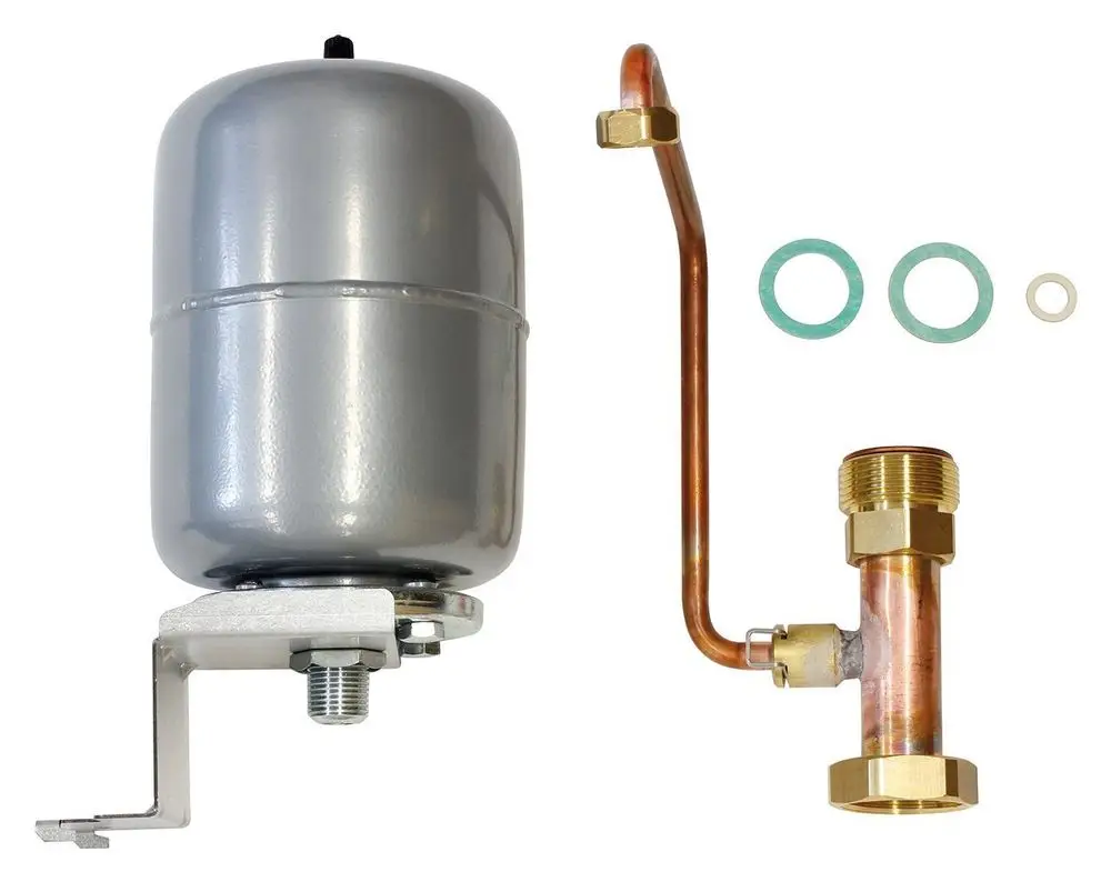 Vaillant Ausdehnungsgefäß mit silberner Oberfläche, verbundenem Rohr und Dichtungen, geeignet für die Installation in Heizsystemen.